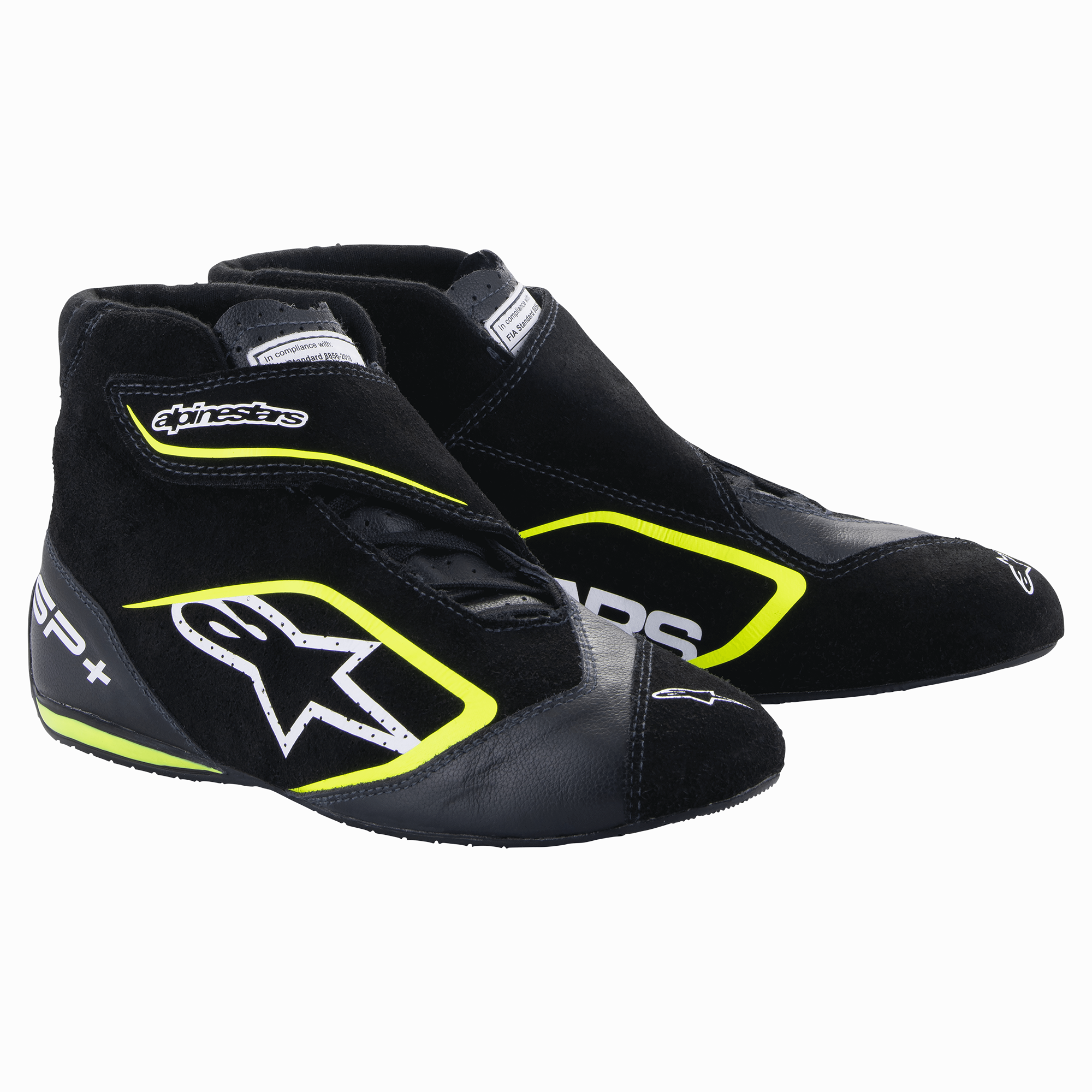 Chaussures Alpinestars SP+, chaussures de course automobile, noir et jaune fluo, design montant avec logo étoile blanc et accents jaune fluo, construction en cuir et daim, semelles fines en caoutchouc inspirées de la F1, esthétique sportive de sport automobile