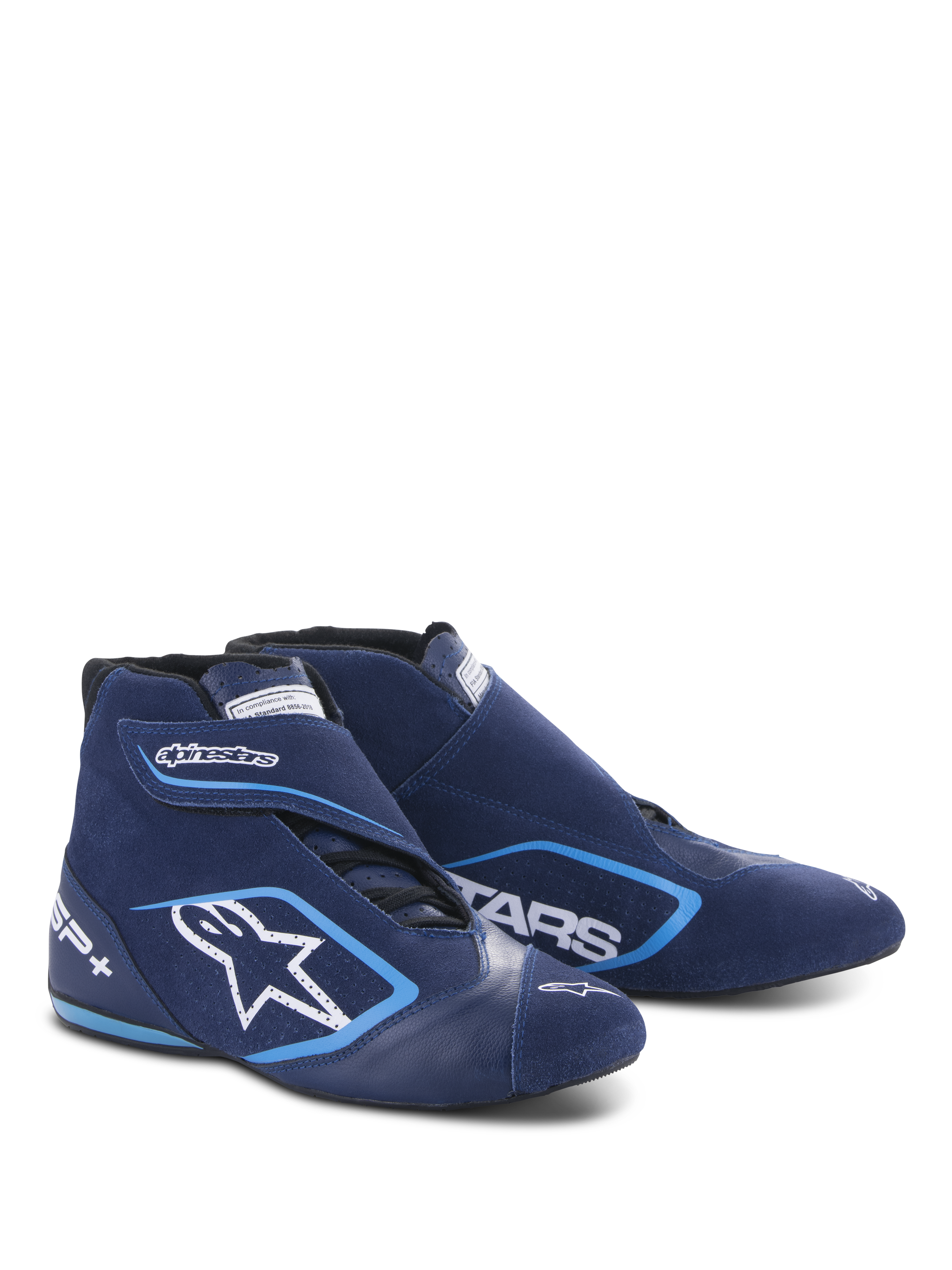 Alpinestars SP+ Shoes N, chaussures de course automobile, bleu outremer et bleu clair, design montant en daim et cuir, avec un grand logo étoile blanc et marquage SP+, forme aérodynamique pour le sport automobile professionnel