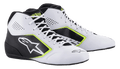 Alpinestars Tech-1 K Start V2 schoenen, kartschoenen, wit zwart en fluor geel, met geperforeerde zijpanelen, groot wit sterlogo en neon gele accenten, professionele motorsport schoenen