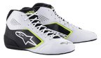 Alpinestars Tech-1 K Start V2 schoenen, kartschoenen, wit zwart en fluor geel, met geperforeerde zijpanelen, groot wit sterlogo en neon gele accenten, professionele motorsport schoenen