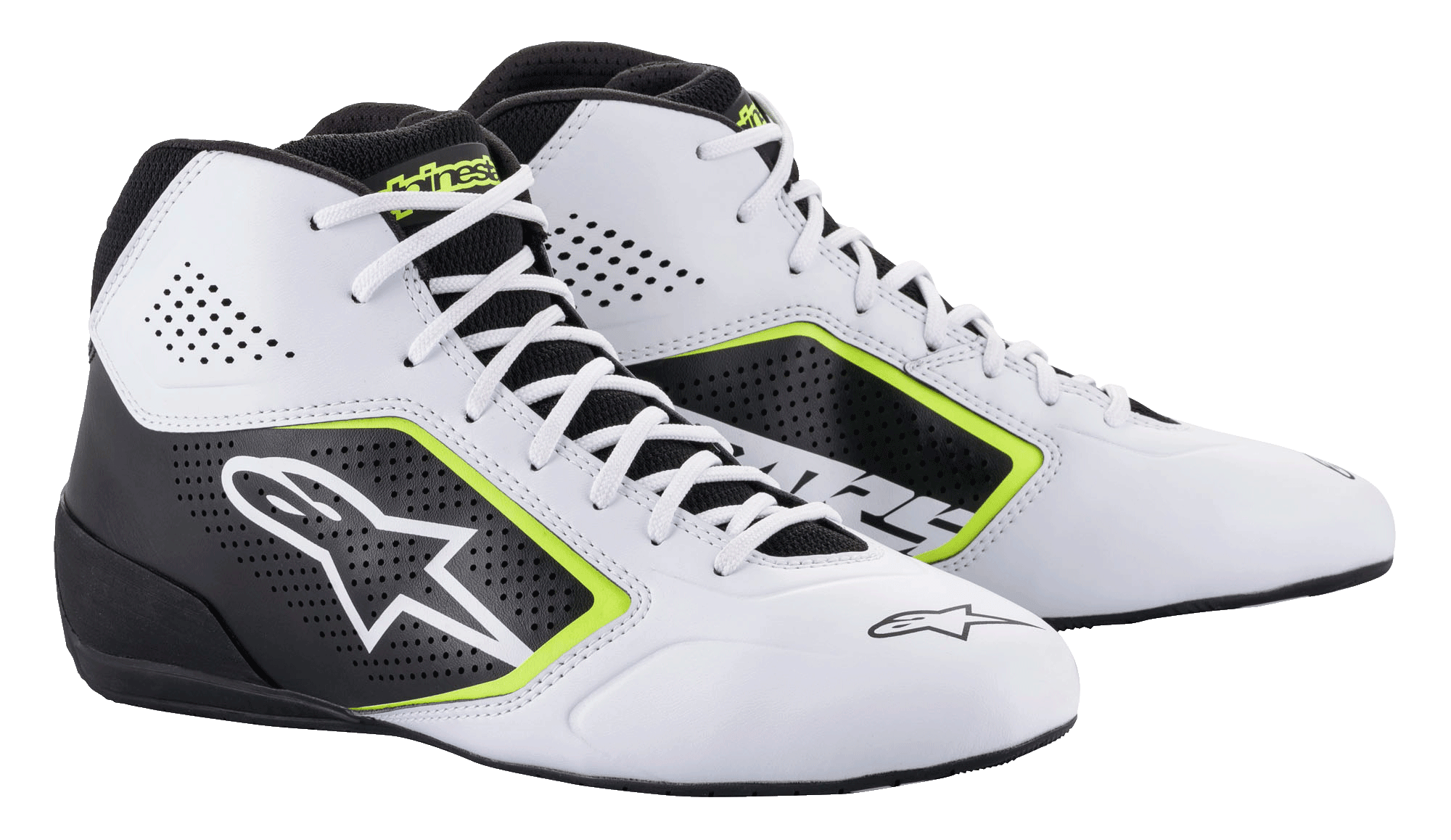 Alpinestars Tech-1 K Start V2 schoenen, kartschoenen, wit zwart en fluor geel, met geperforeerde zijpanelen, groot wit sterlogo en neon gele accenten, professionele motorsport schoenen