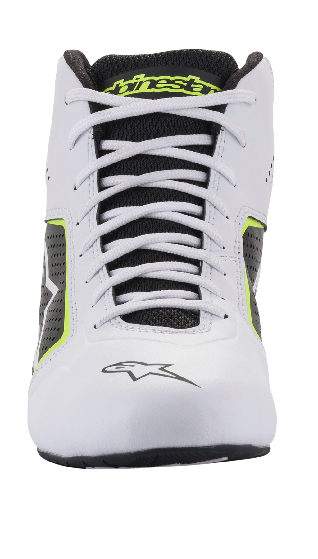 Alpinestars Tech-1 K Start V2 schoenen, kartschoenen, wit, zwart en fluogeel, vooraanzicht met witte veters, zwarte mesh tong met gele merkdetails en witte microvezel constructie met geperforeerde zijpanelen