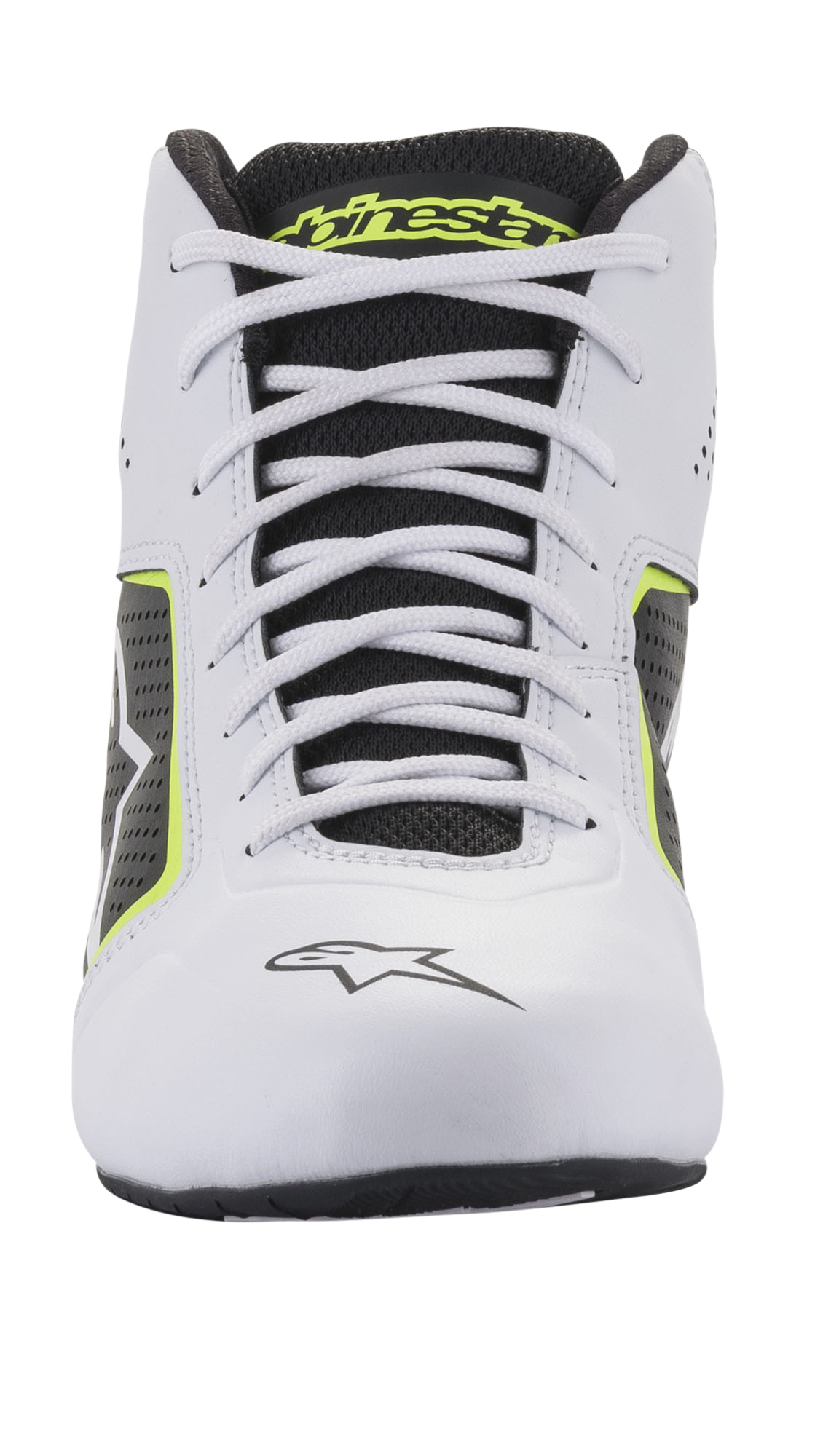 Alpinestars Tech-1 K Start V2 schoenen, kartschoenen, wit, zwart en fluogeel, vooraanzicht met witte veters, zwarte mesh tong met gele merkdetails en witte microvezel constructie met geperforeerde zijpanelen