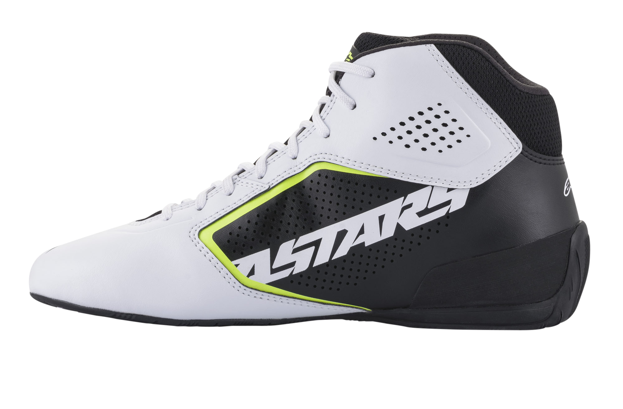 Alpinestars Tech-1 K Start V2 schoenen, kartschoenen, wit, zwart en fluogeel, zijaanzicht met een geperforeerd wit bovenwerk van microvezel, zwart zijpaneel met opvallende ASTARS-branding, neongele accenten en een gestroomlijnde zwarte zool.