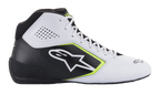 Alpinestars Tech-1 K Start V2 schoenen, kartschoenen, wit, zwart en fluogeel, zijprofiel met geperforeerde microvezelpanelen, wit Alpinestars-logo met fluoriserend gele rand, strak motorsportontwerp voor karting