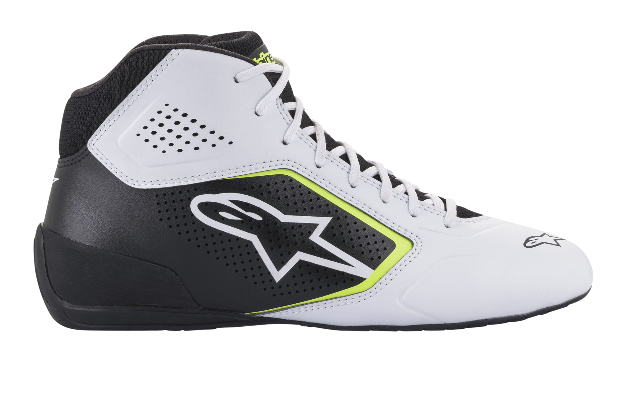 Alpinestars Tech-1 K Start V2 schoenen, kartschoenen, wit, zwart en fluogeel, zijprofiel met geperforeerde microvezelpanelen, wit Alpinestars-logo met fluoriserend gele rand, strak motorsportontwerp voor karting