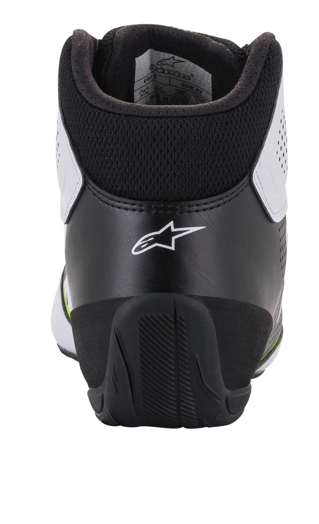 Alpinestars Tech-1 K Start V2 schoenen, kartschoenen, wit zwart en fluogeel, achteraanzicht met ergonomische zwarte hielkap met wit sterlogo, gevoerde kraag en duurzame rubberen buitenzool voor motorsportprestaties