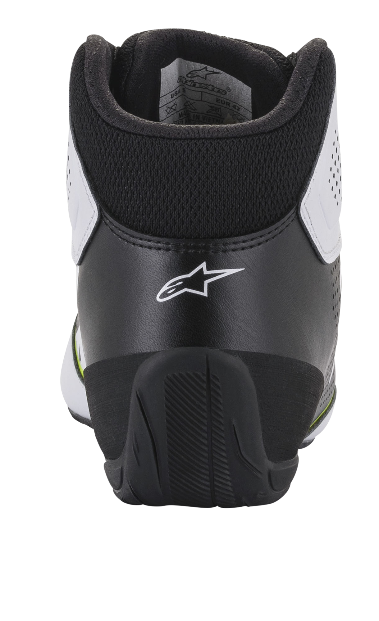 Alpinestars Tech-1 K Start V2 schoenen, kartschoenen, wit zwart en fluogeel, achteraanzicht met ergonomische zwarte hielkap met wit sterlogo, gevoerde kraag en duurzame rubberen buitenzool voor motorsportprestaties