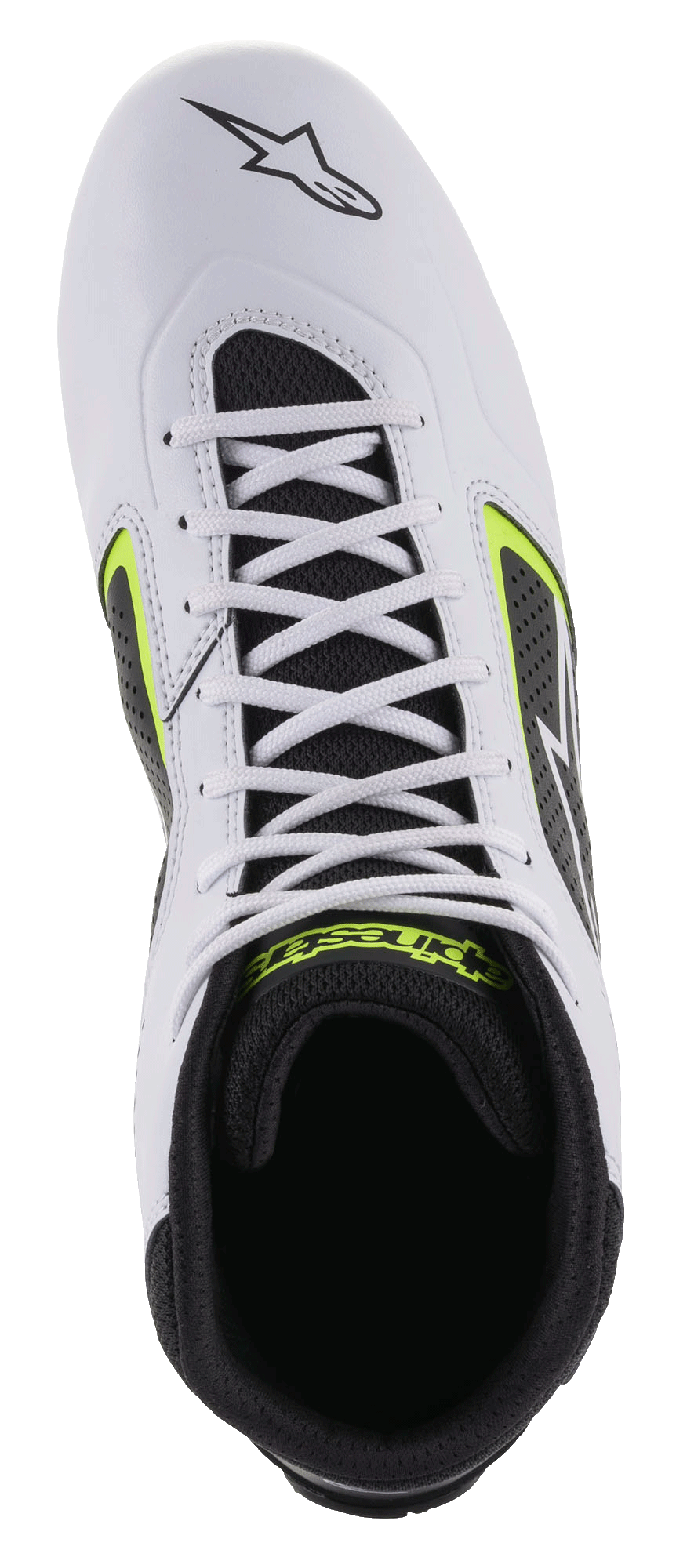 Alpinestars Tech-1 K Start V2 schoenen, kartschoenen, wit, zwart en geel fluo, bovenaanzicht met wit bovenwerk van microvezel, witte veters en zwarte mesh binnenkant met gele merkdetails.