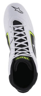 Alpinestars Tech-1 K Start V2 schoenen, kartschoenen, wit, zwart en geel fluo, bovenaanzicht met wit bovenwerk van microvezel, witte veters en zwarte mesh binnenkant met gele merkdetails.