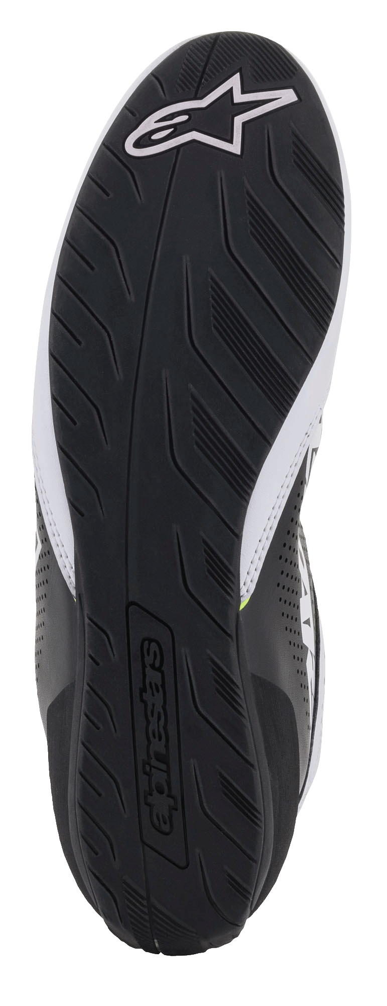 Alpinestars Tech-1 K Start V2 schoenen, aanzicht van de zwarte rubberen zool, getextureerd loopvlakprofiel voor grip, met een wit Alpinestars-logo en woordmerk in reliëf, kartschoenen