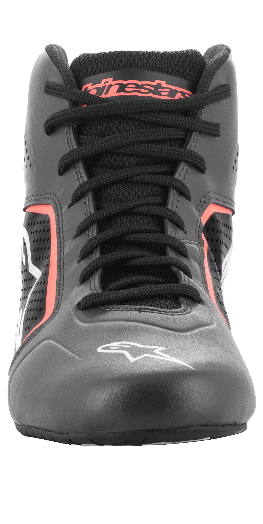 Alpinestars Tech-1 K Start V2 Schuhe, Karting-Schuhe, Asphalt-Schwarz und Orange Fluo, Vorderansicht mit schwarzen Schnürsenkeln, orangefarbenem Alpinestars-Branding auf der Zunge, weißem Stern-Logo auf der Zehenpartie und perforierten Mikrofaser-Einsätzen