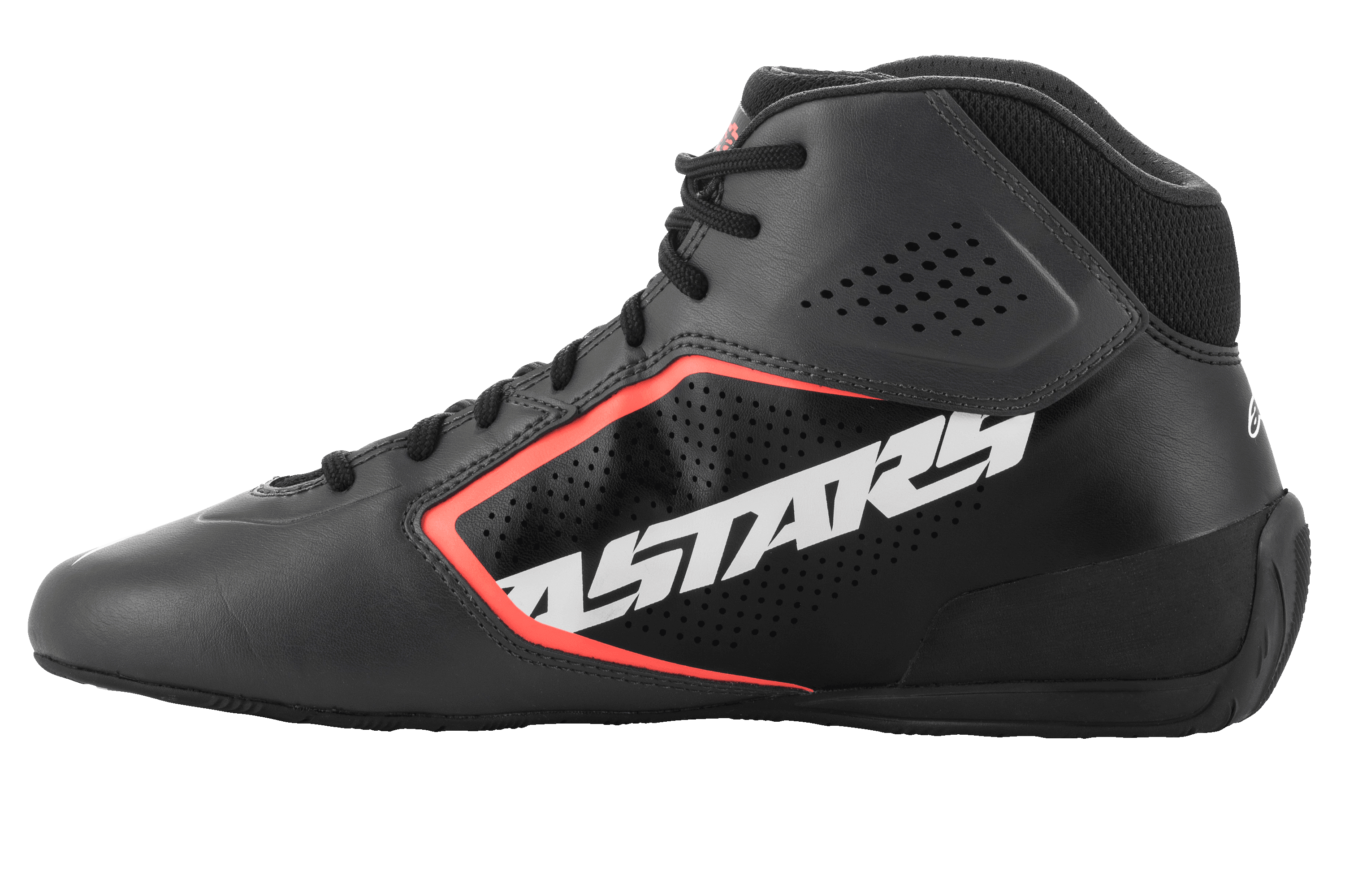 Alpinestars Tech-1 K Start V2 Schuhe, Kart-Schuhe, Asphalt-Schwarz und Orange Fluo, Seitenprofil mit großem weißen ASTARS-Logo, perforiertes Mikrofaser-Obermaterial mit orangefarbenen fluoreszierenden Akzenten, elegantes Motorsport-Design