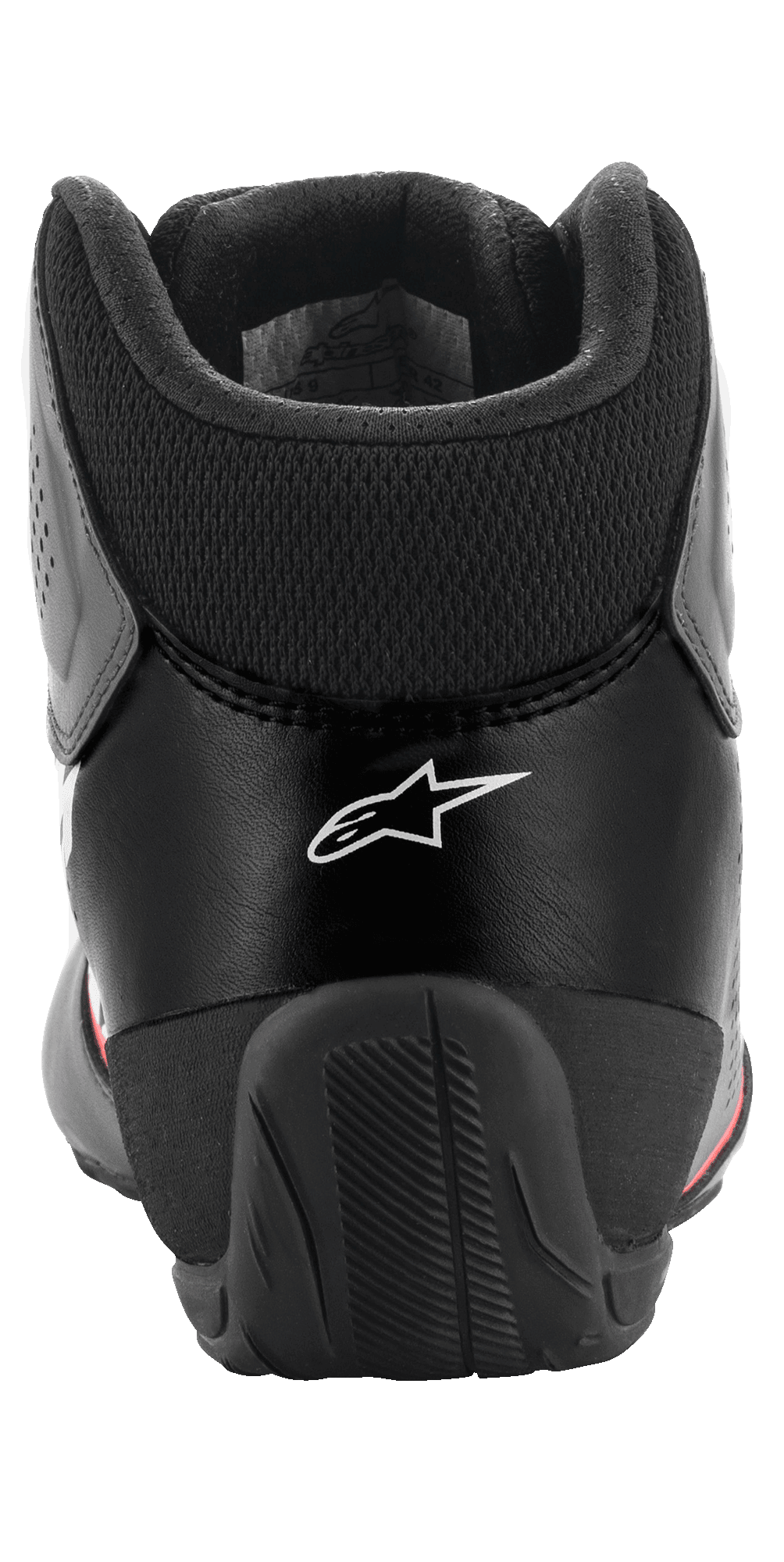 Alpinestars Tech-1 K Start V2 Schuhe, Kart-Schuhe, Asphalt Schwarz Orange Fluo, Rückansicht mit weißem Alpinestars-Logo, Mesh-Achillessehnenkragen und verstärkter Gummifersenkappe für Stabilität