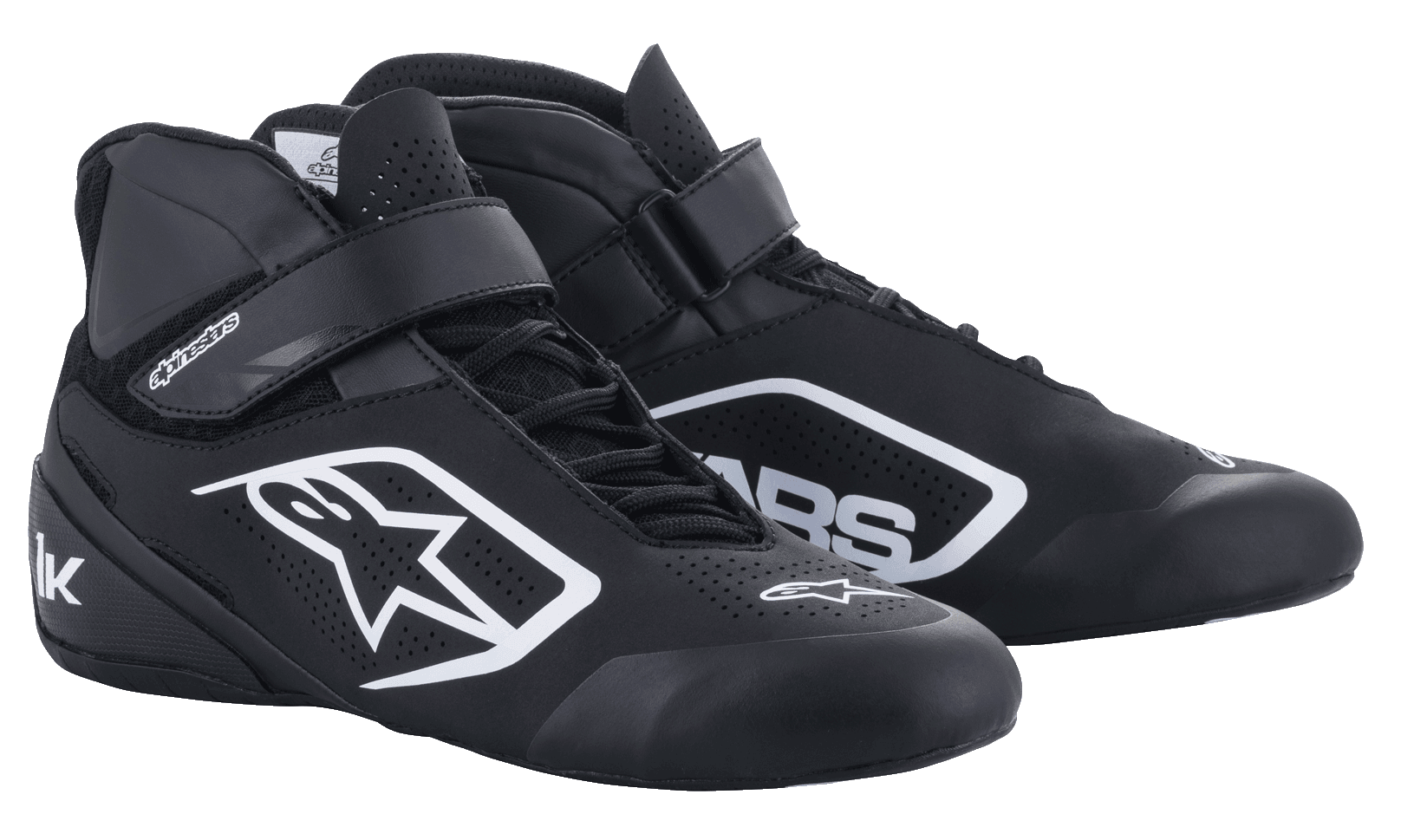 Alpinestars Youth Tech-1 K V2 Karting Shoes, Black and White, high-top racing footwear featuring a dual closure system with laces and a strap, perforated breathable panels, and white logo branding for young racers