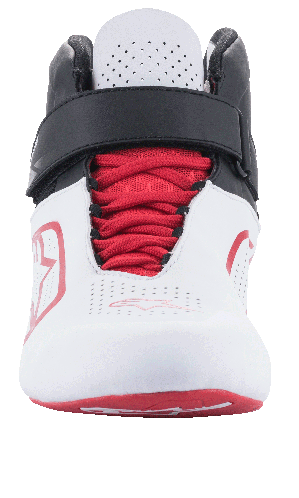 Alpinestars Tech-1 K V2 Schuhe, Karting-Schuhe, Weiß, Schwarz und Rot, Vorderansicht mit roten Schnürsenkeln und schwarzem verstellbarem Klettverschluss, perforierte weiße Zunge für Belüftung, schlankes und atmungsaktives Design für den Rennsport