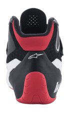 Alpinestars Tech-1 K V2 Schuhe, Karting-Schuhe, Rot, Schwarz und Weiß, Rückansicht, mit einer roten schützenden Fersenkappe, schwarzem Textil-Obermaterial mit weißen Akzenten und weißem Alpinestars-Branding.