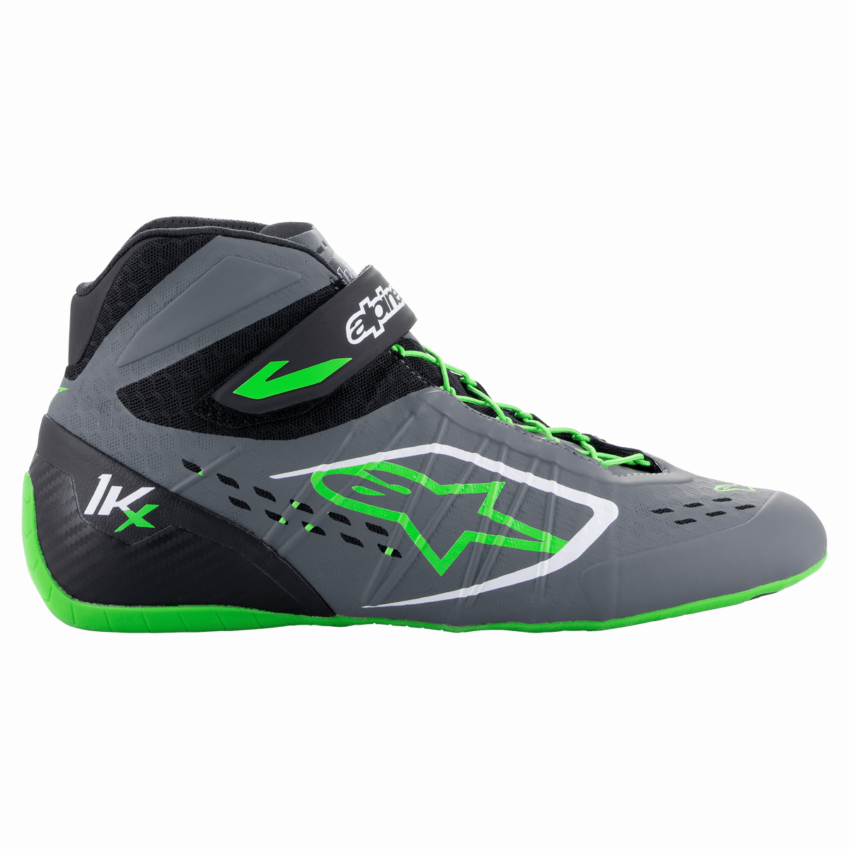 Alpinestars Tech-1 KX V2, chaussures de karting montantes, grises et noires avec accents verts, logo étoile vert, semelle verte fluo, sangle velcro noire, construction mesh respirante