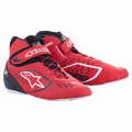Alpinestars Tech-1 KX V2 schoenen, karting raceschoenen, rood, zwart en wit, hoge schacht met klittenbandsluiting, witte zool, ademende geperforeerde constructie, professioneel motorsport schoeisel