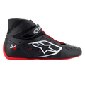 Alpinestars Tech-1 KX V3 kartschoenen, kartraceschoenen, zwart wit en rood, zijprofiel met naadloze thermisch gelaste constructie, groot wit zijlogo, hoog model met klittenbandsluiting en dunne rode rubberen zool
