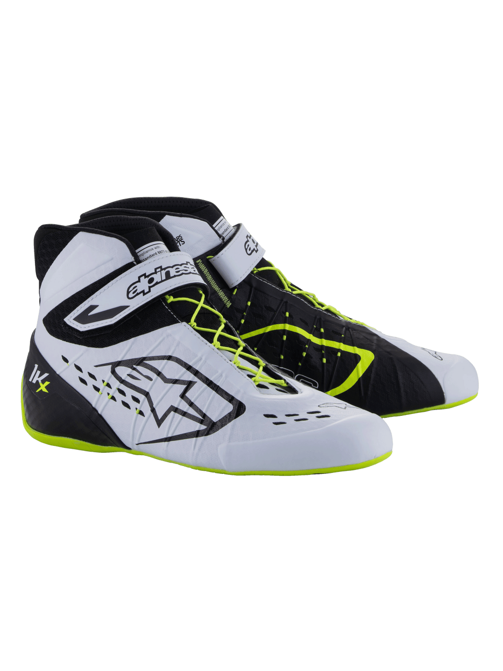 Alpinestars Tech-1 KX V3-schoenen - FIA, kartingschoenen, zwart, wit en neongeel, hoogwaardig raceschoeisel met asymmetrische vetersluiting, klittenbandsluiting bij de enkel, neongele accenten op de veters en zool en ademende laser-gesneden panelen