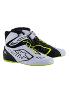Alpinestars Tech-1 KX V3-schoenen - FIA, kartingschoenen, zwart, wit en neongeel, hoogwaardig raceschoeisel met asymmetrische vetersluiting, klittenbandsluiting bij de enkel, neongele accenten op de veters en zool en ademende laser-gesneden panelen
