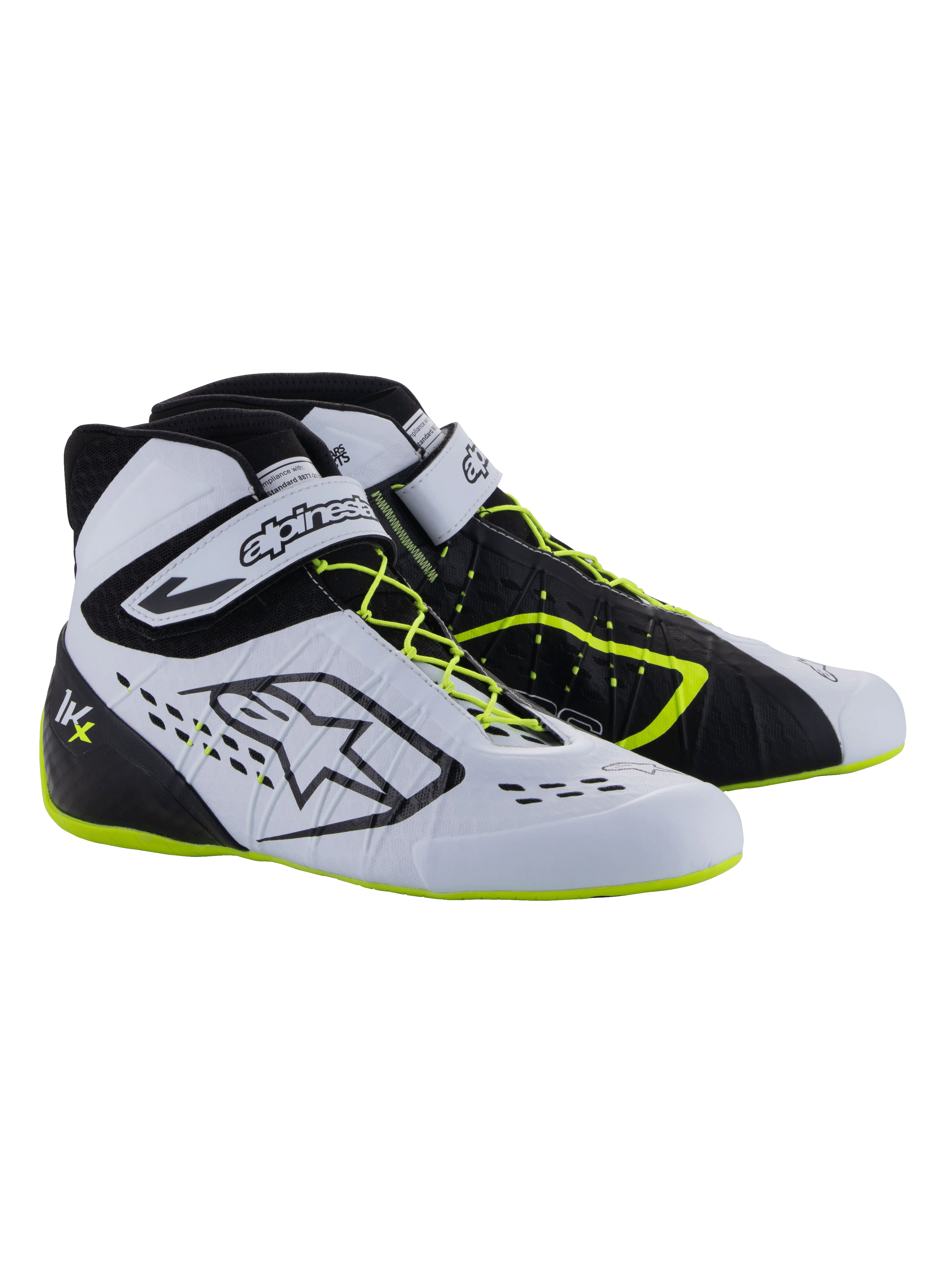 Alpinestars Tech-1 KX V3-schoenen - FIA, kartingschoenen, zwart, wit en neongeel, hoogwaardig raceschoeisel met asymmetrische vetersluiting, klittenbandsluiting bij de enkel, neongele accenten op de veters en zool en ademende laser-gesneden panelen