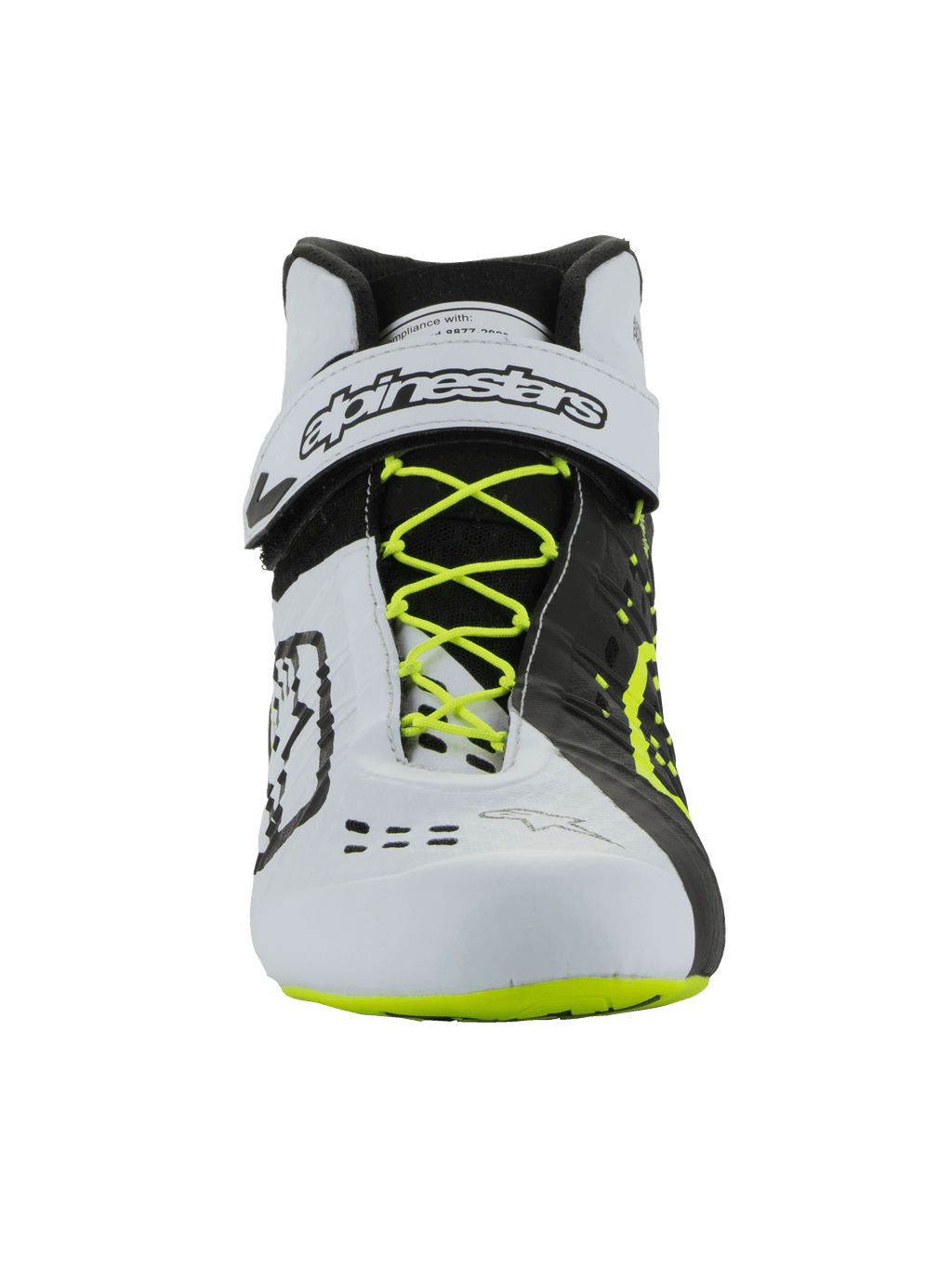 Alpinestars Tech-1 KX V3 Schoenen - FIA, kartingschoenen, zwart, wit en fluorgeel, vooraanzicht met fluorgele veters, witte enkelband met zwarte branding, asymmetrisch color-block ontwerp en laser-gesneden ventilatiedetails