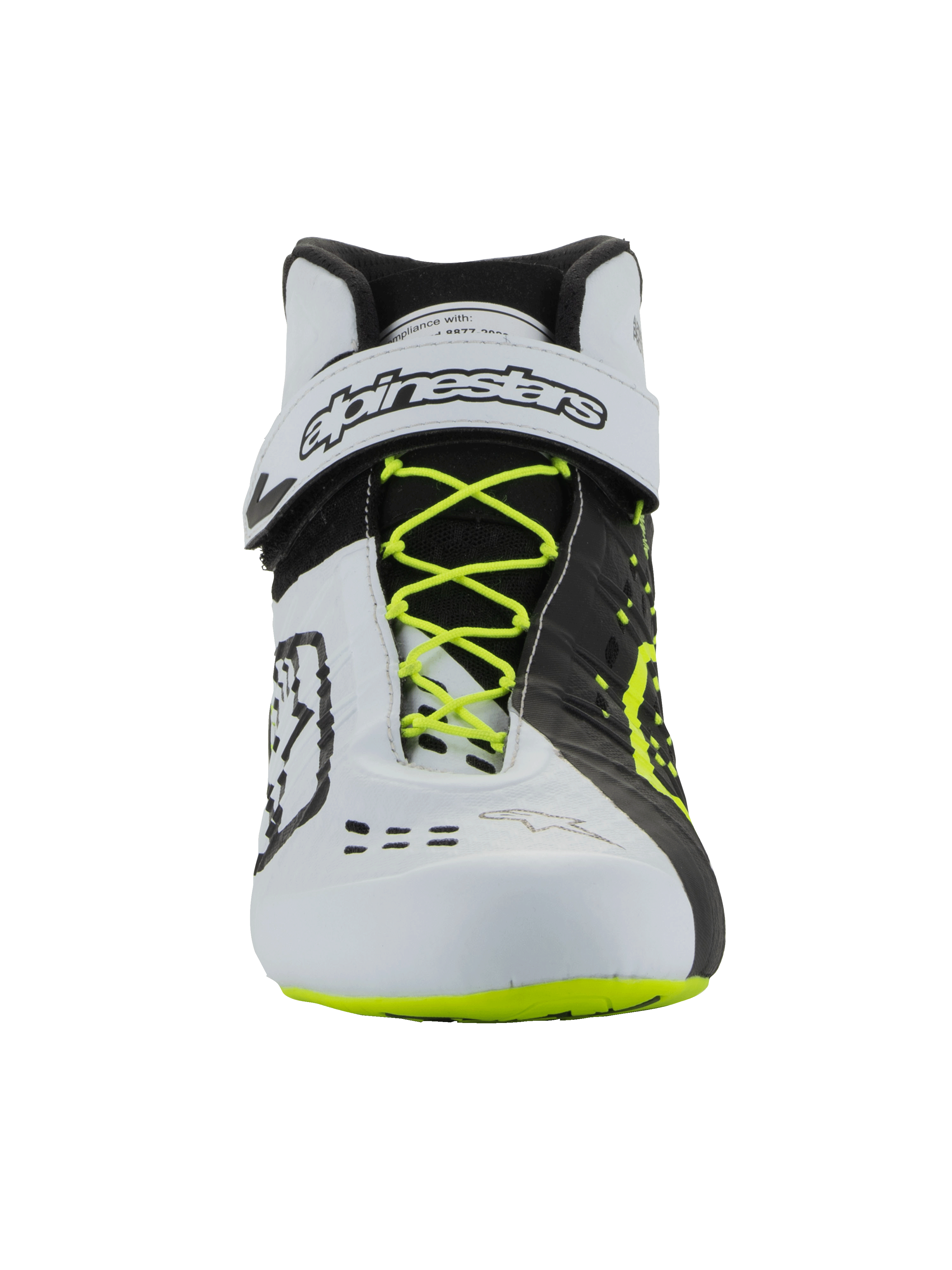 Alpinestars Tech-1 KX V3 Schoenen - FIA, kartingschoenen, zwart, wit en fluorgeel, vooraanzicht met fluorgele veters, witte enkelband met zwarte branding, asymmetrisch color-block ontwerp en laser-gesneden ventilatiedetails
