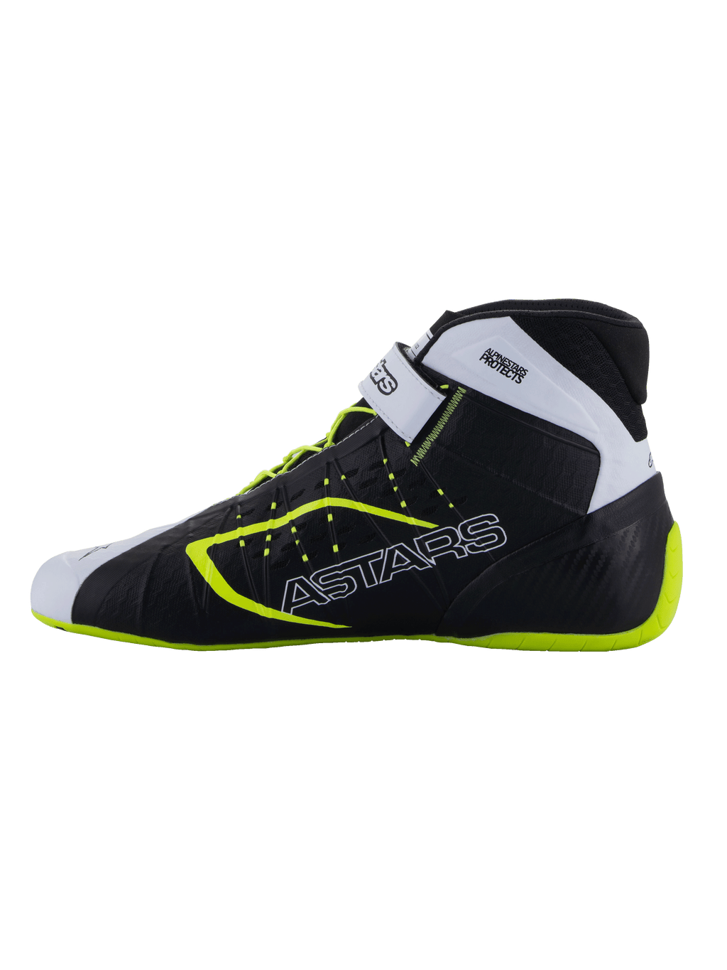 Alpinestars Tech-1 KX V3-schoenen - FIA, kartingschoenen, zwart wit en fluogeel, slank profiel met ASTARS-branding aan de zijkant, verstelbare band en fluorescerende accenten, lichtgewicht raceschoeisel
