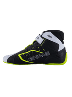 Alpinestars Tech-1 KX V3-schoenen - FIA, kartingschoenen, zwart wit en fluogeel, slank profiel met ASTARS-branding aan de zijkant, verstelbare band en fluorescerende accenten, lichtgewicht raceschoeisel