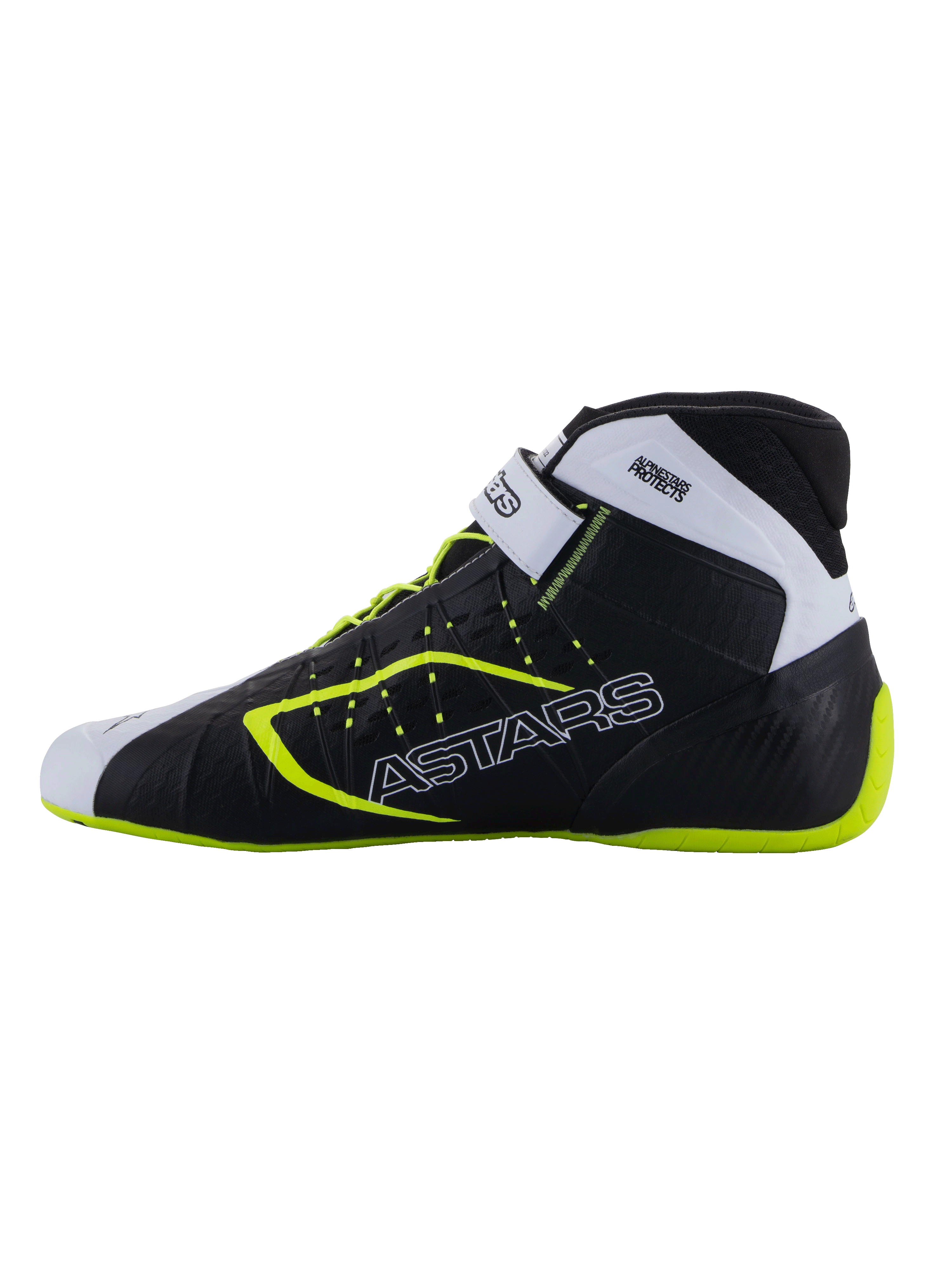 Alpinestars Tech-1 KX V3-schoenen - FIA, kartingschoenen, zwart wit en fluogeel, slank profiel met ASTARS-branding aan de zijkant, verstelbare band en fluorescerende accenten, lichtgewicht raceschoeisel