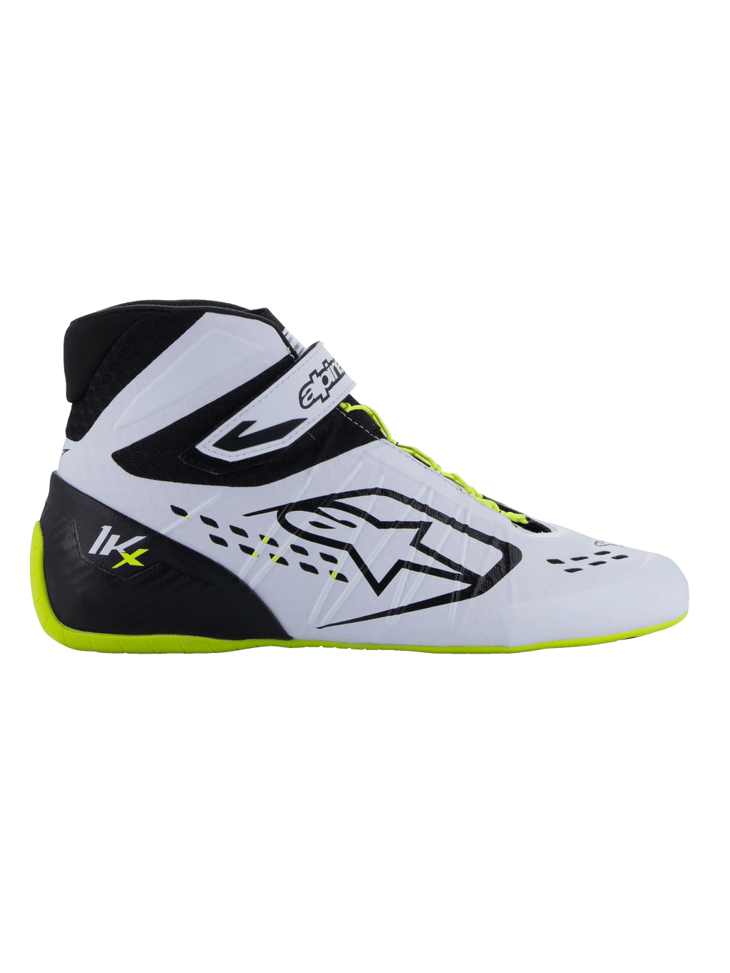 Alpinestars Tech-1 KX V3-schoenen - FIA, kartingschoenen, zwart, wit en fluorescerend geel, strak zijprofiel met wit thermisch gelast bovenwerk, zwarte hielkap met KX-logo, fluorescerend gele zool en veters, professioneel motorsportontwerp voor karting