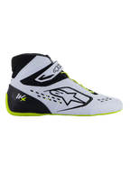 Alpinestars Tech-1 KX V3-schoenen - FIA, kartingschoenen, zwart, wit en fluorescerend geel, strak zijprofiel met wit thermisch gelast bovenwerk, zwarte hielkap met KX-logo, fluorescerend gele zool en veters, professioneel motorsportontwerp voor karting