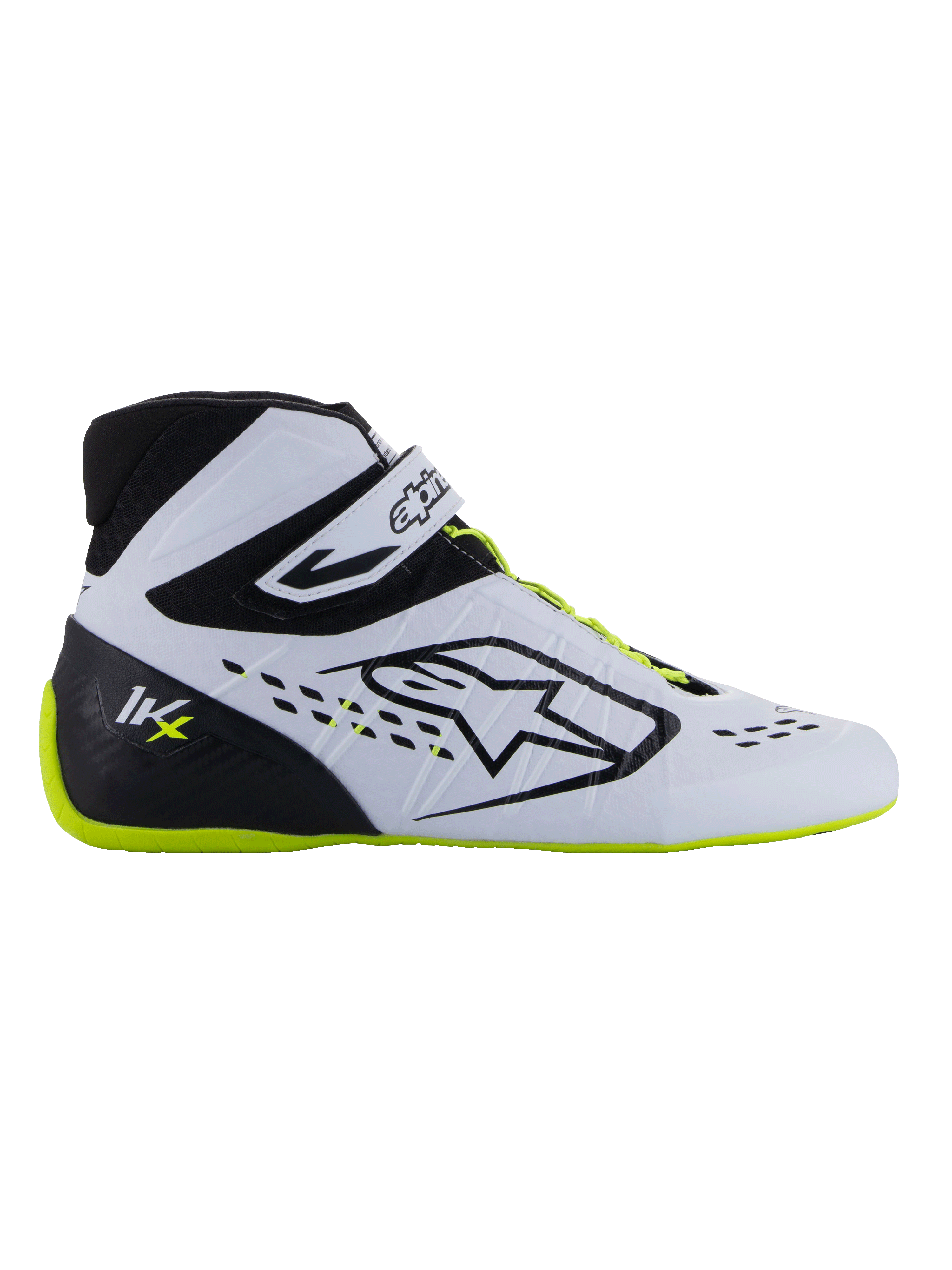 Alpinestars Tech-1 KX V3-schoenen - FIA, kartingschoenen, zwart, wit en fluorescerend geel, strak zijprofiel met wit thermisch gelast bovenwerk, zwarte hielkap met KX-logo, fluorescerend gele zool en veters, professioneel motorsportontwerp voor karting