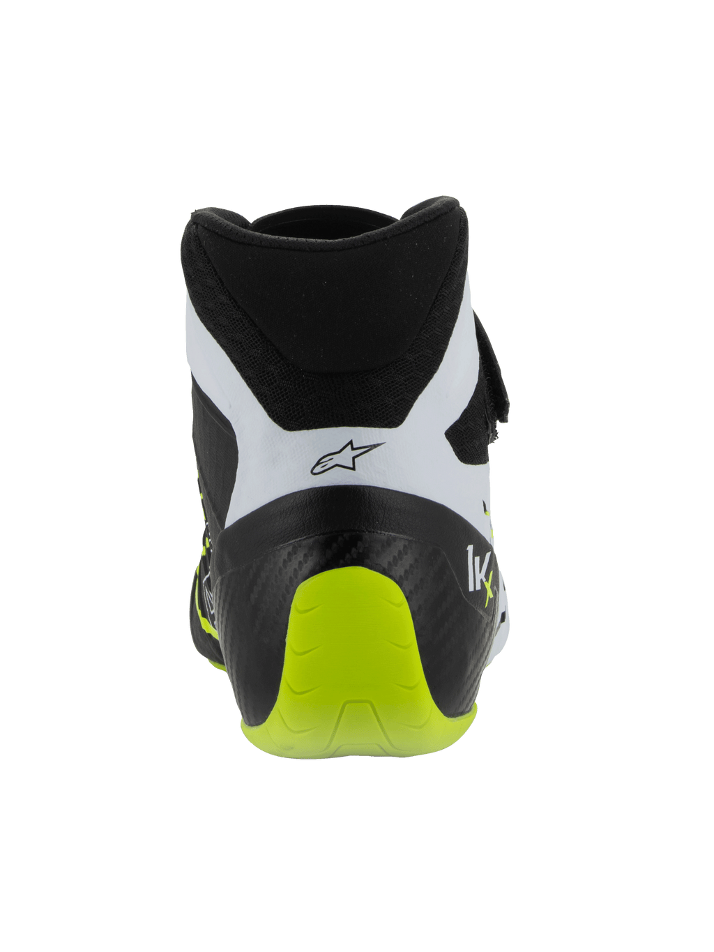 Alpinestars Tech-1 KX V3 schoenen, FIA-gecertificeerde kartingschoenen, zwart, wit en fluogeel, achteraanzicht met de versterkte eendelige hiel, fel fluogeel accent, witte panelen met zwart logo, technische motorsportschoenen voor gebruik op het circuit