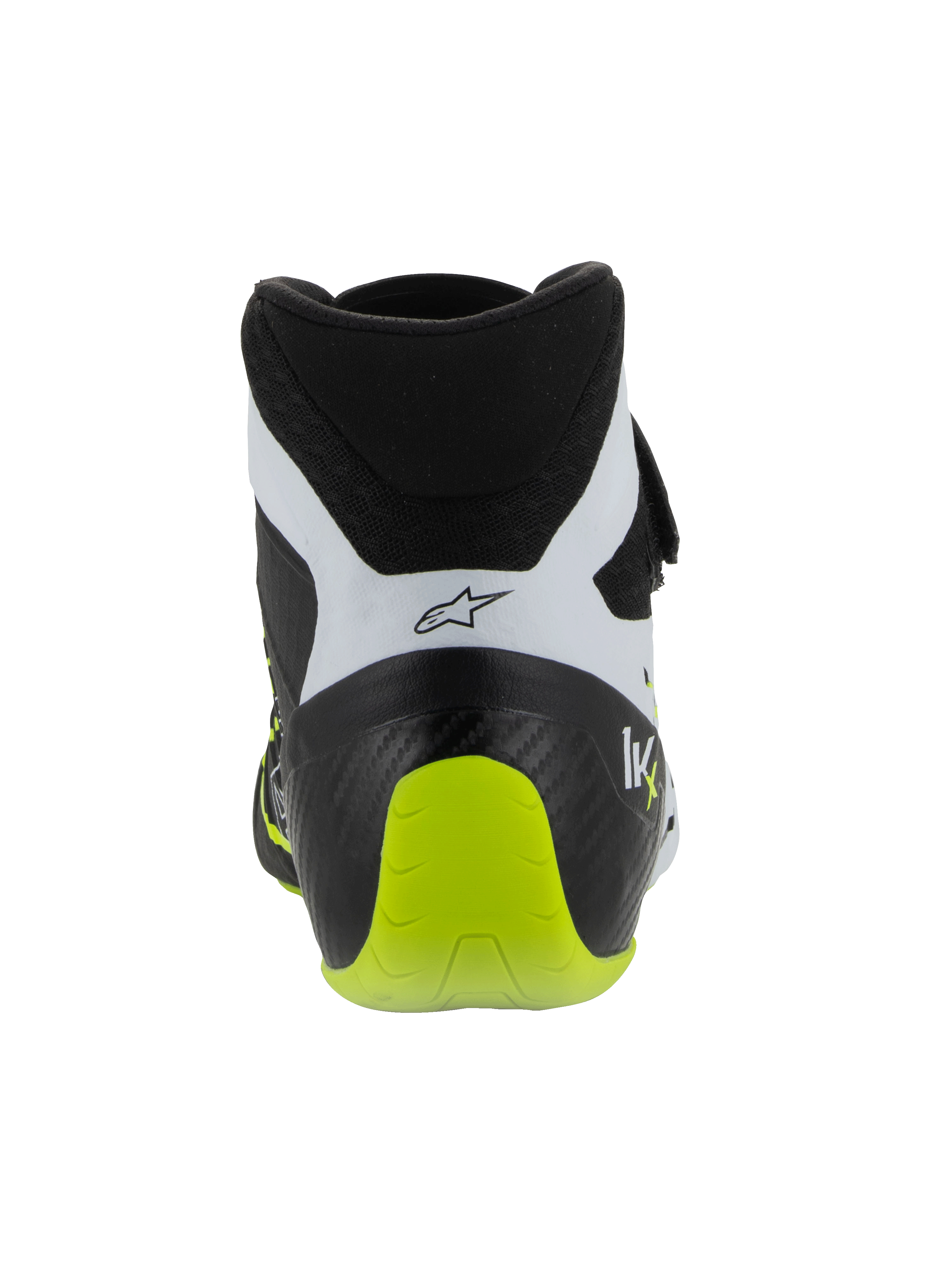 Alpinestars Tech-1 KX V3 schoenen, FIA-gecertificeerde kartingschoenen, zwart, wit en fluogeel, achteraanzicht met de versterkte eendelige hiel, fel fluogeel accent, witte panelen met zwart logo, technische motorsportschoenen voor gebruik op het circuit
