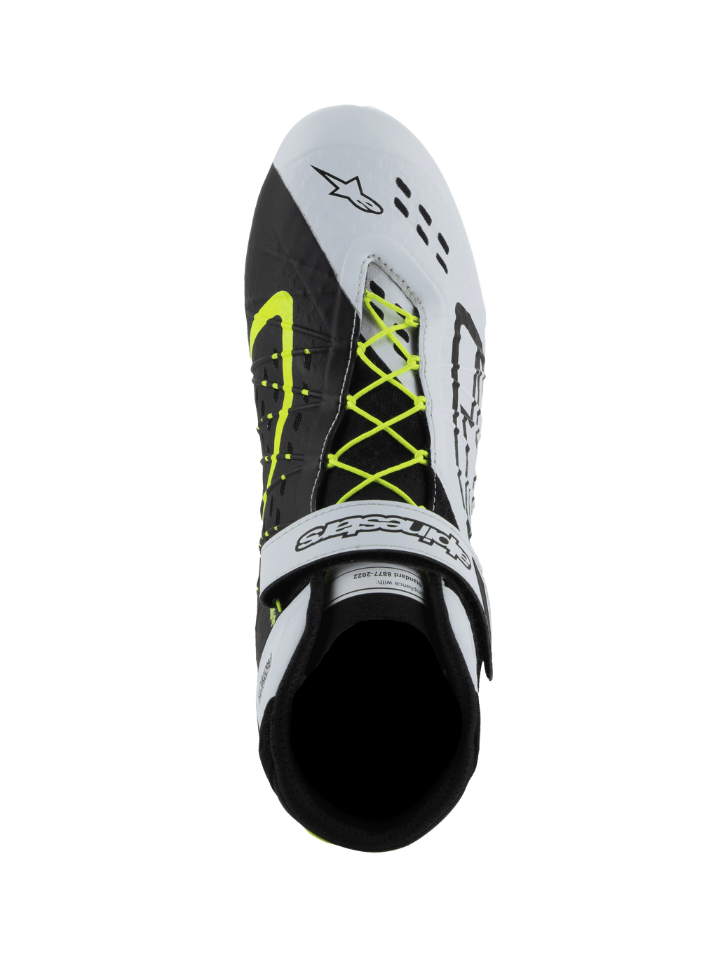 Alpinestars Tech-1 KX V3 schoenen, FIA kartingschoenen, zwart, wit en fluoriserend geel, bovenaanzicht met asymmetrisch neongeel vetersysteem, witte klittenband enkelband en lasergesneden perforaties op de neus