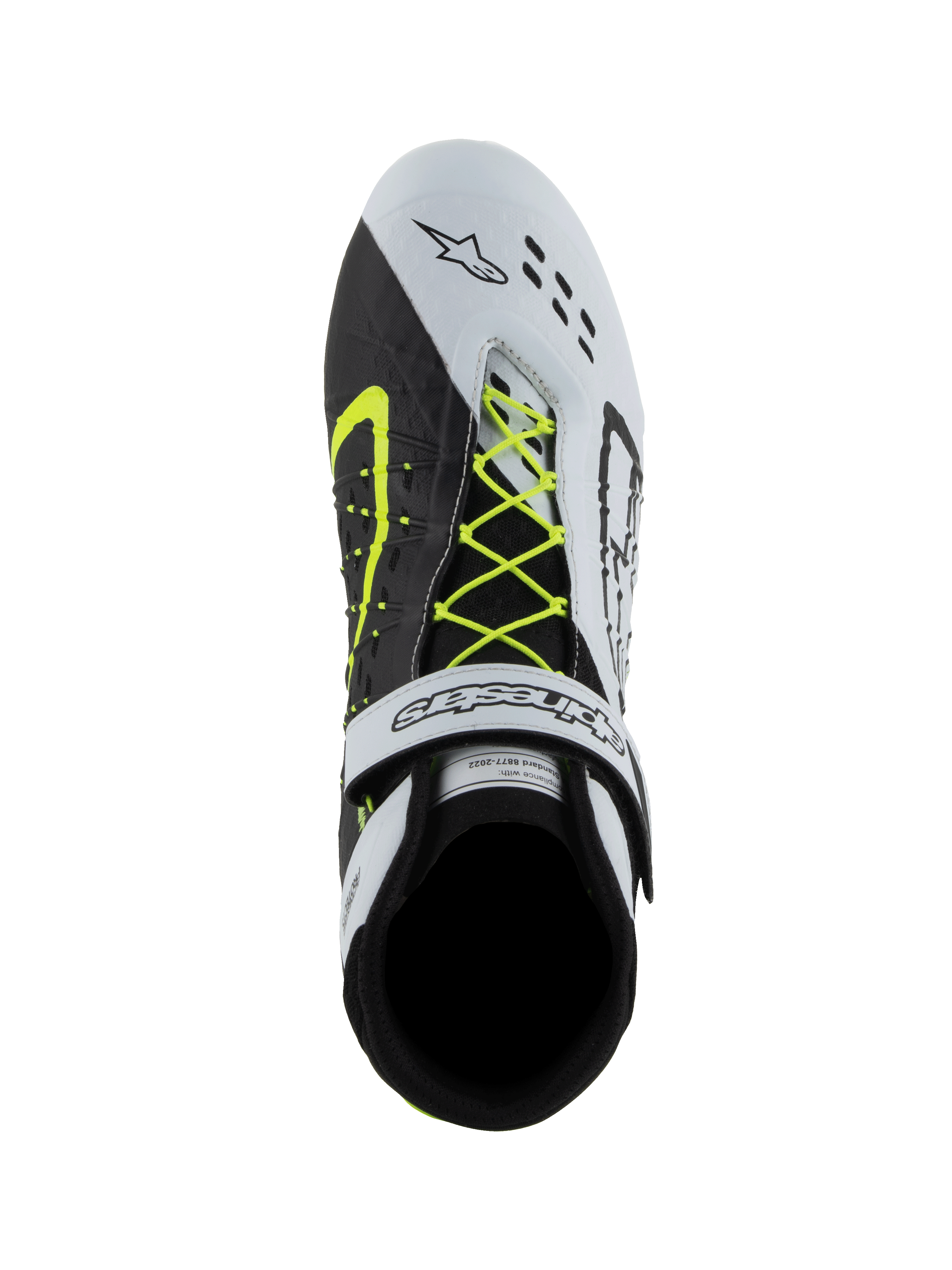 Alpinestars Tech-1 KX V3 schoenen, FIA kartingschoenen, zwart, wit en fluoriserend geel, bovenaanzicht met asymmetrisch neongeel vetersysteem, witte klittenband enkelband en lasergesneden perforaties op de neus