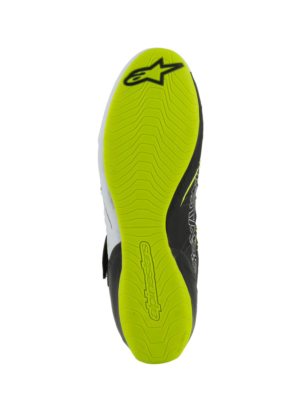 Alpinestars Tech-1 KX V3 schoenen - FIA, kartingschoenen, onderaanzicht van de zool, felgeel fluo rubber met getextureerd grippatroon, voorzien van zwart Alpinestars-logo en reliëfbranding voor pedaalgevoeligheid