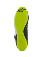 Alpinestars Tech-1 KX V3 schoenen - FIA, kartingschoenen, onderaanzicht van de zool, felgeel fluo rubber met getextureerd grippatroon, voorzien van zwart Alpinestars-logo en reliëfbranding voor pedaalgevoeligheid
