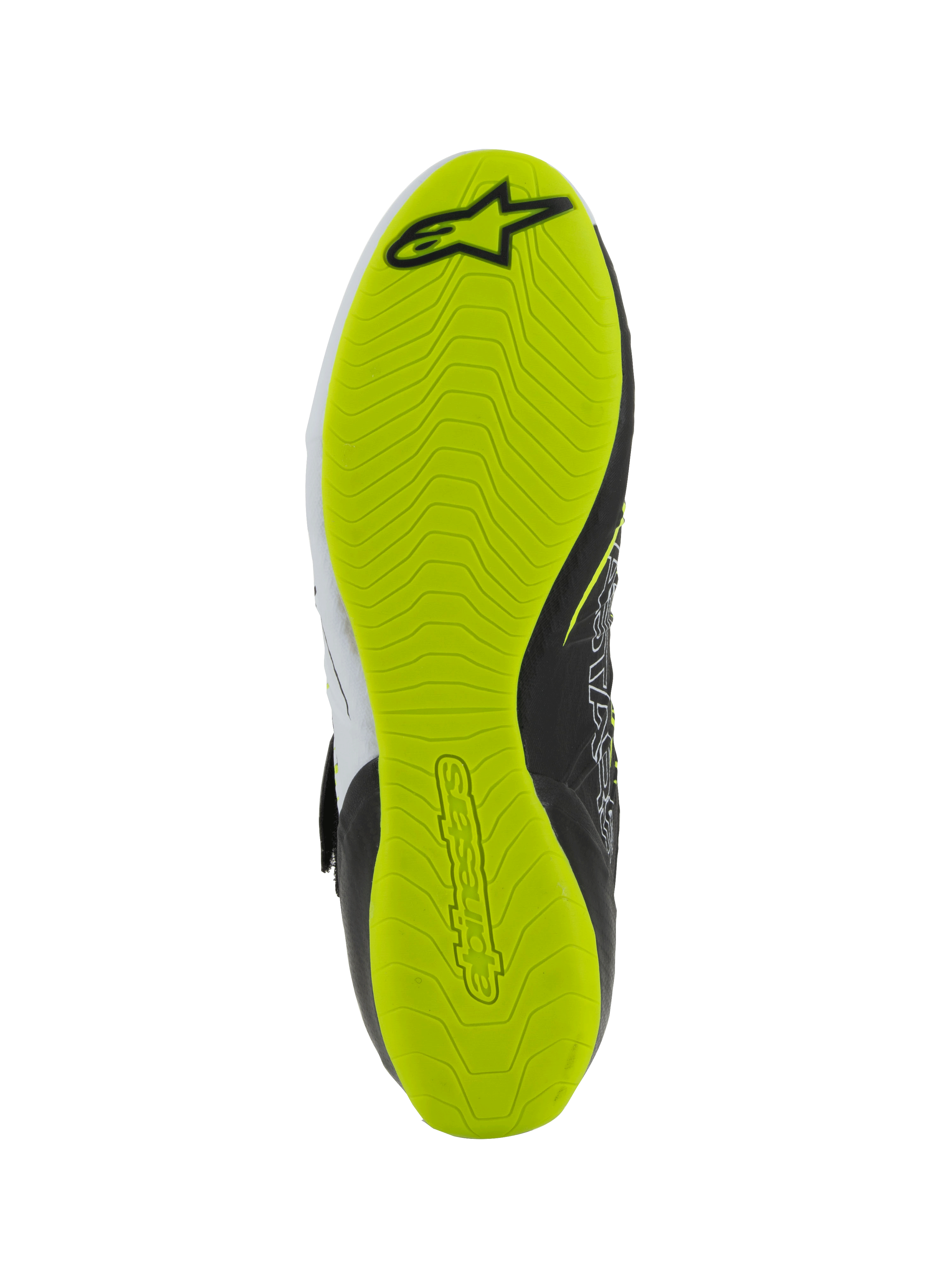 Alpinestars Tech-1 KX V3 schoenen - FIA, kartingschoenen, onderaanzicht van de zool, felgeel fluo rubber met getextureerd grippatroon, voorzien van zwart Alpinestars-logo en reliëfbranding voor pedaalgevoeligheid