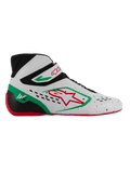 Alpinestars Tech-1 KX V3 Shoes, FIA-approved karting racing shoes, white with black, green, and red accents, red star logo, red sole, high-top design with Velcro strap, breathable perforated upper, 1K heel marking