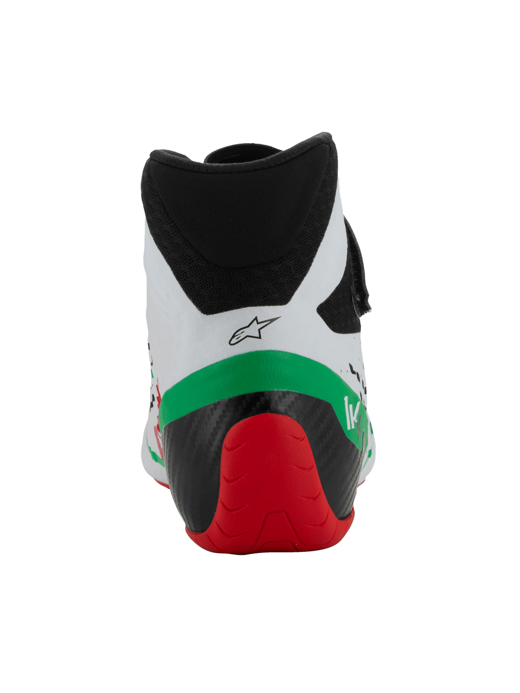 Alpinestars Tech-1 KX V3 Shoes - FIA, Karting Shoes, White Green and Red, rear view showing the low-cut microfiber collar, reinforced black and red heel structure, and Alpinestars logo.