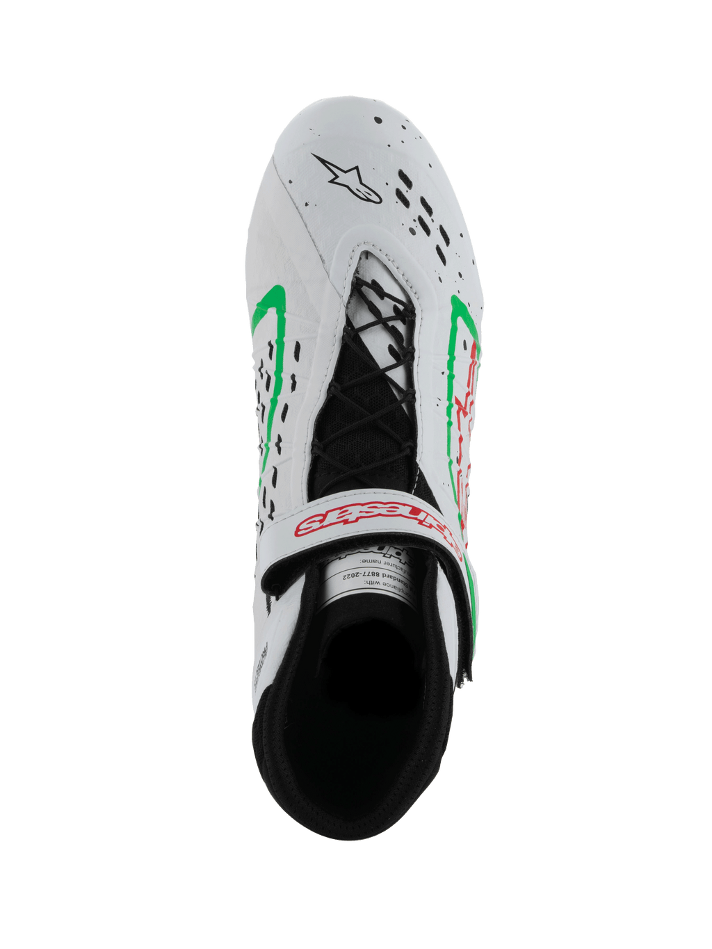 Alpinestars Tech-1 KX V3 Shoes, FIA-homologated Karting Shoes, White with Green and Red accents, top-down view showing asymmetric lacing, adjustable strap with red logo, and laser-cut perforations on the toe.
