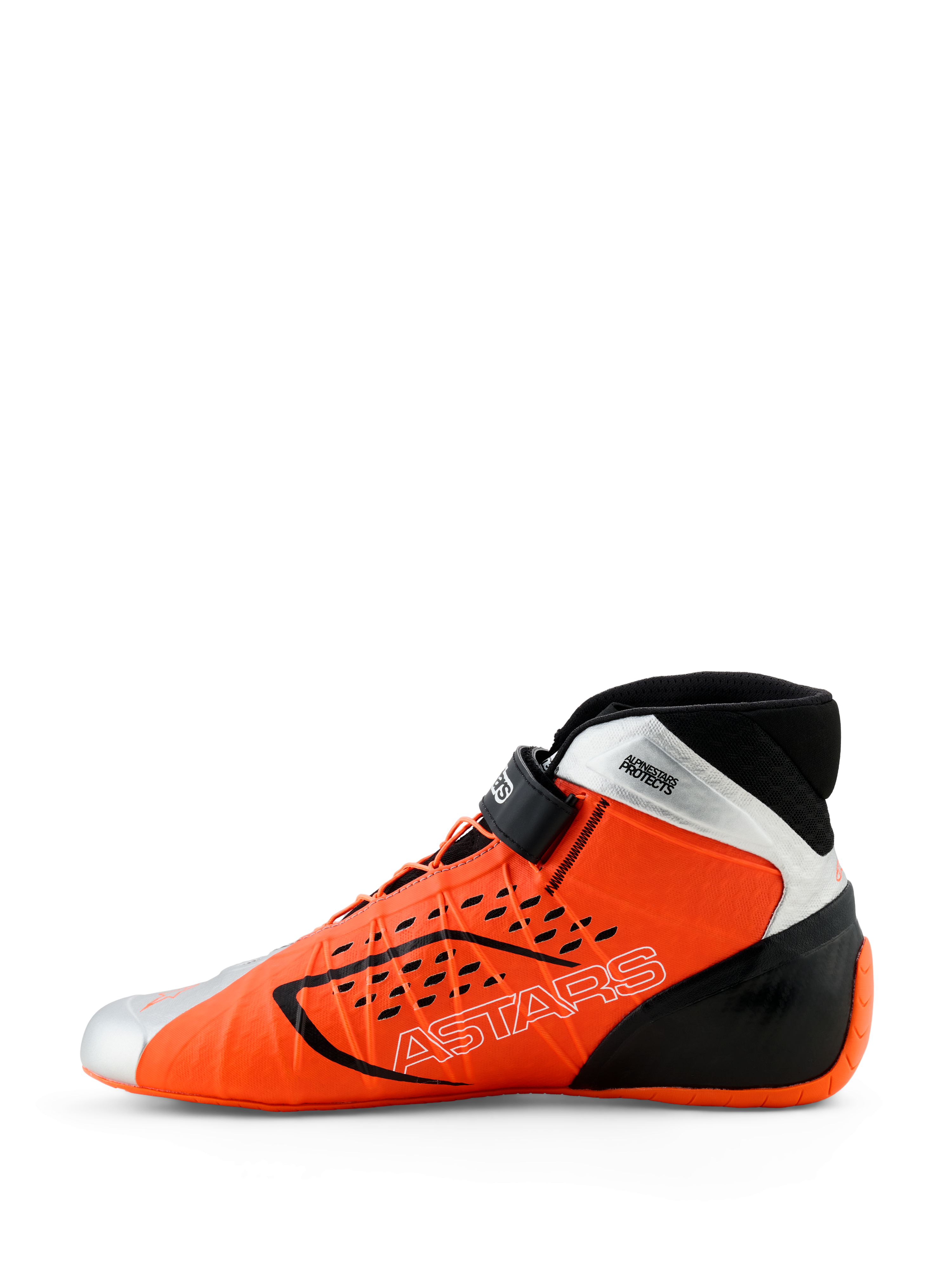 Alpinestars Tech-1 KX V3 Shoes, Karting Shoes, Orange Fluo Black and Silver, side profile view, featuring the ASTARS logo on the side, adjustable ankle strap, and sleek aerodynamic design for professional racing.