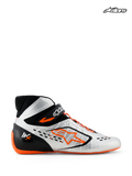 Alpinestars Tech-1 KX V3 schoenen, FIA kartingschoenen in zwart, zilver en fluo oranje, zijaanzicht met thermo-gelaste constructie en asymmetrisch vetersysteem