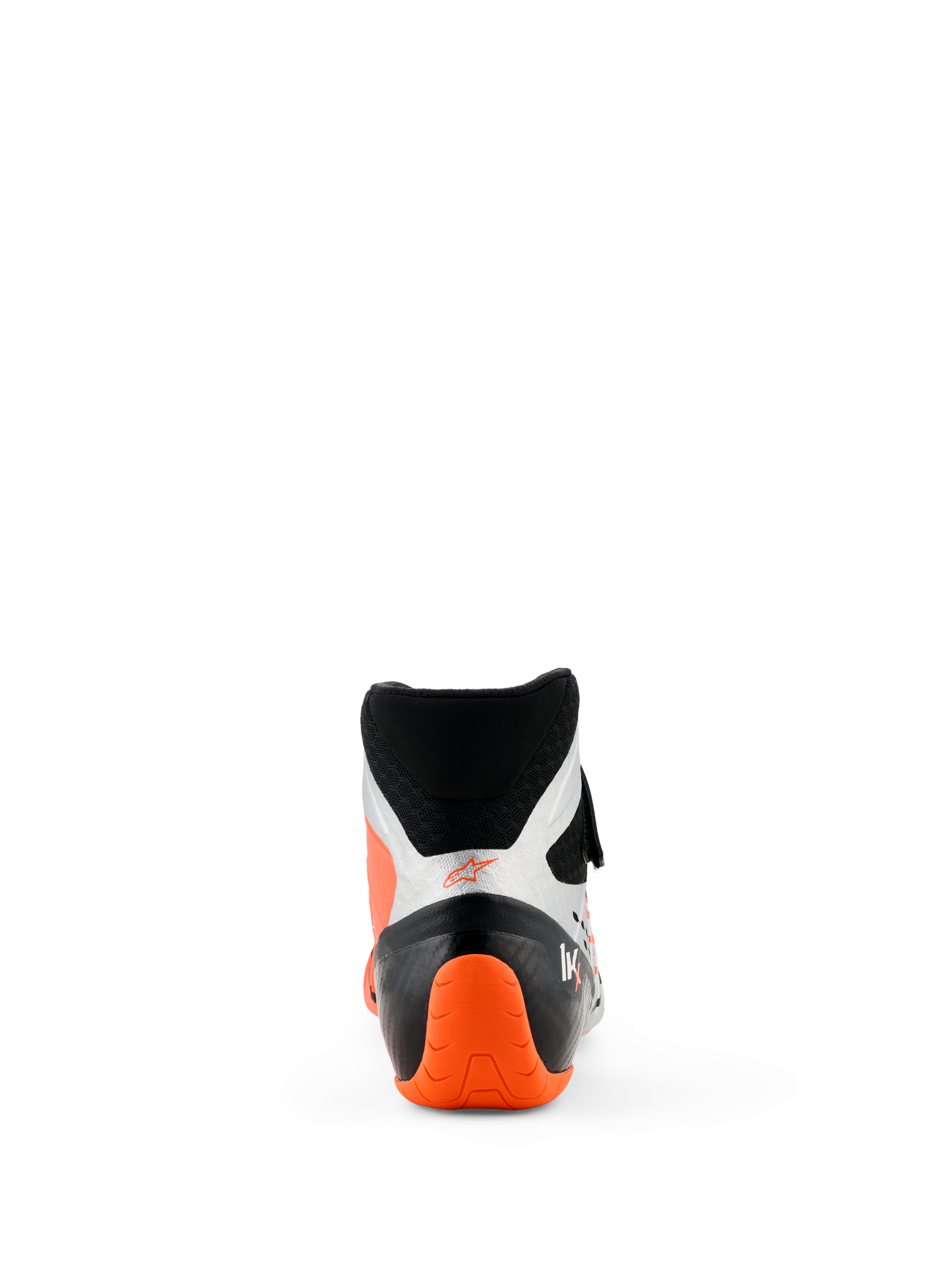 Alpinestars Tech-1 KX V3 Shoes, Karting Shoes, Black Silver and Orange Fluo, rear view featuring bright orange textured heel and silver side panels, high-cut design for professional racing
