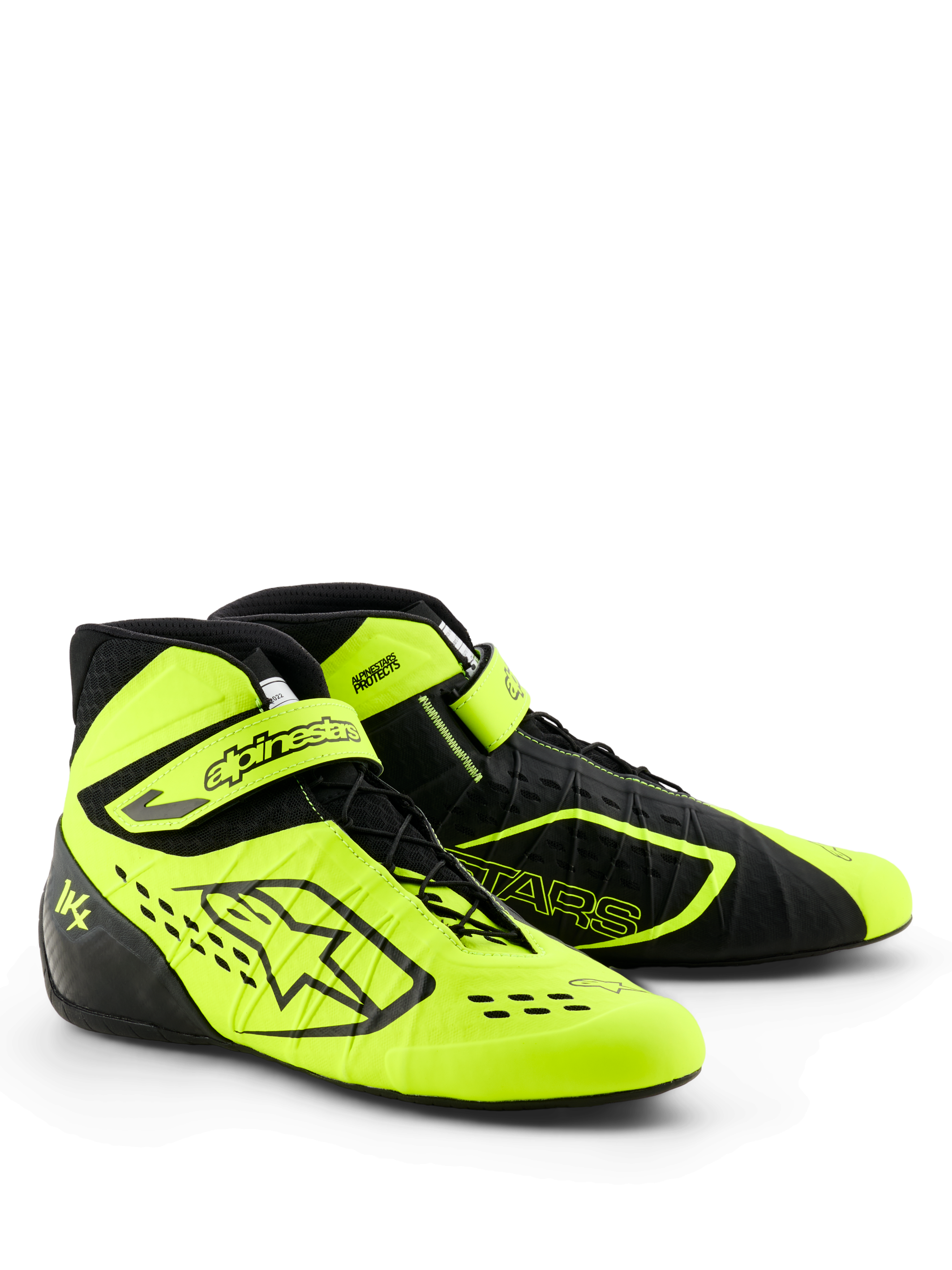 Alpinestars Tech-1 KX V3 Karting-Schuhe, Schwarz und Gelb Fluo, schlankes Performance-Profil, asymmetrische Schnürung mit verstellbarem Knöchelriemen, lasergeschnittene Perforationen für Atmungsaktivität, leichte thermo-verschweißte Konstruktion, FIA 8877-2022 zertifiziertes Motorsport-Schuhwerk