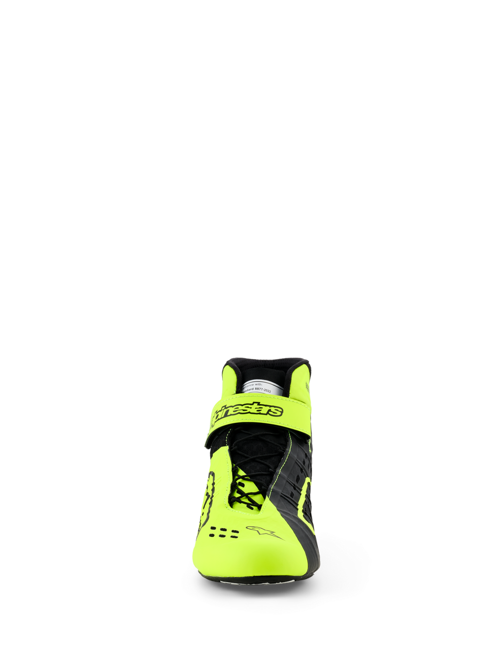 Alpinestars Tech-1 KX V3 Schuhe, Karting-Schuhe, Schwarz und Gelb Fluo, Frontansicht mit asymmetrischem Schnürsystem und verstellbarem Knöchelriemen mit Alpinestars-Logo, schlankes, leichtes Design für FIA-zertifizierte Rennleistung